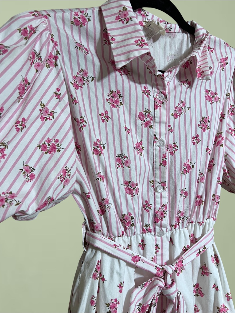 Pink & White Floral Tiered Cotton Puff Sleeve Dress Sz Medium - Picture 7 of 12